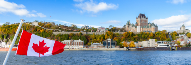 old city of quebec city with canada flag